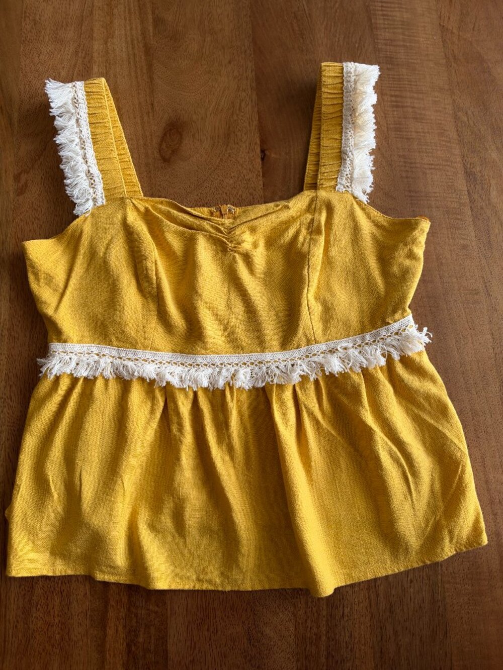 Fabrik Women's Mustard Yellow Linen Blend Fringe Peplum Top  | Sz L